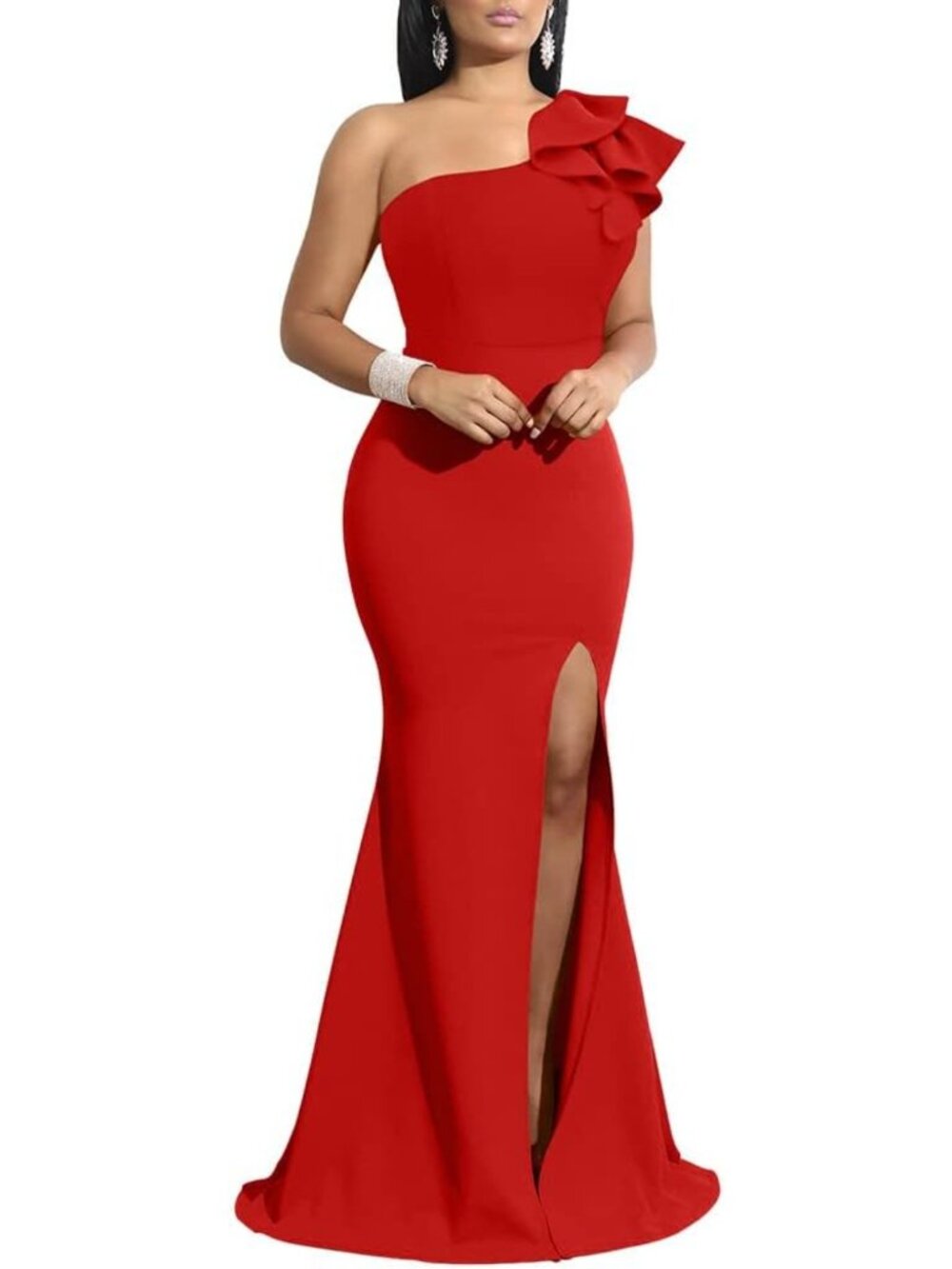 Red One Shoulder High Slit Long Formal Evening Prom Party Gown Sz M-XXL